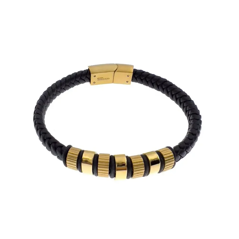Gold Tone Stainless Steel Bead Black Braided Leather Bracelet Mens 8.5in 7mm